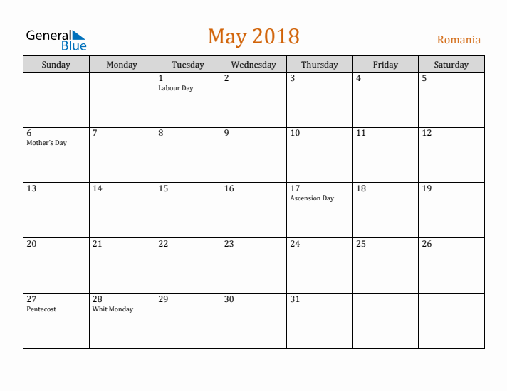 May 2018 Holiday Calendar with Sunday Start