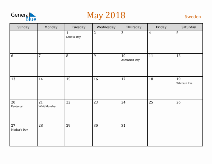 May 2018 Holiday Calendar with Sunday Start