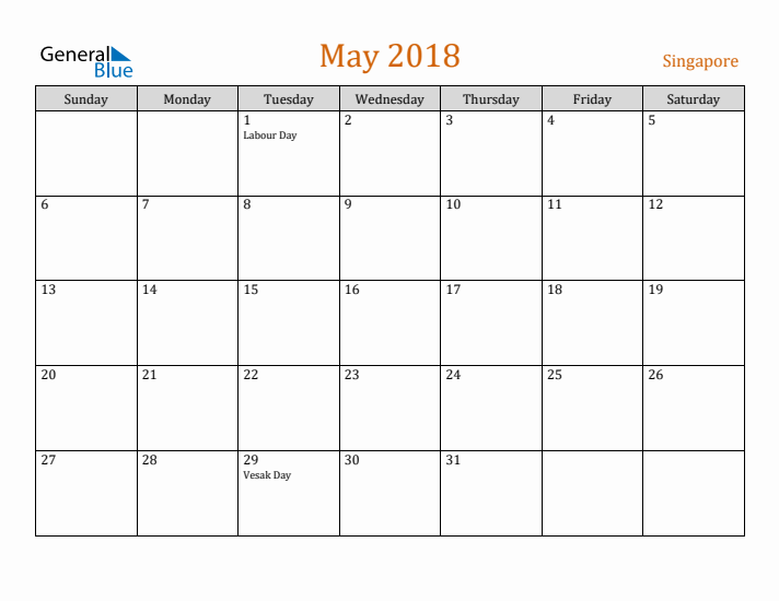 May 2018 Holiday Calendar with Sunday Start