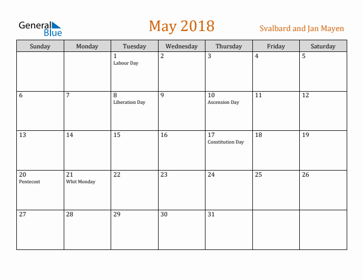 May 2018 Holiday Calendar with Sunday Start