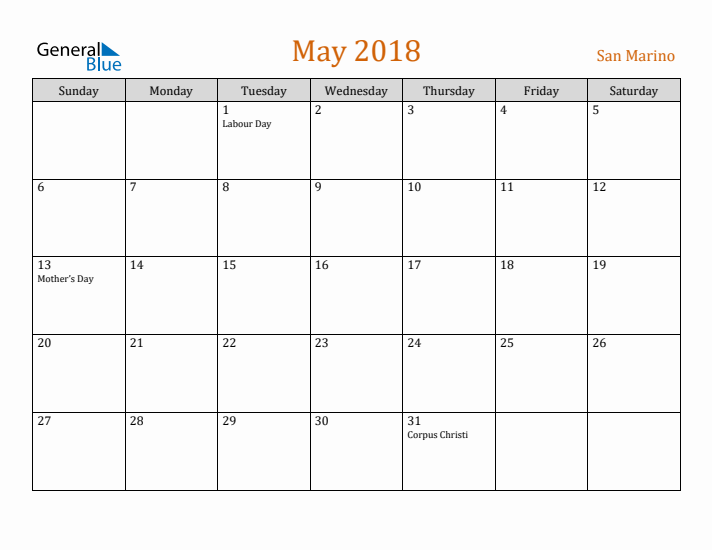 May 2018 Holiday Calendar with Sunday Start