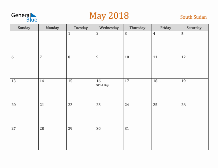 May 2018 Holiday Calendar with Sunday Start