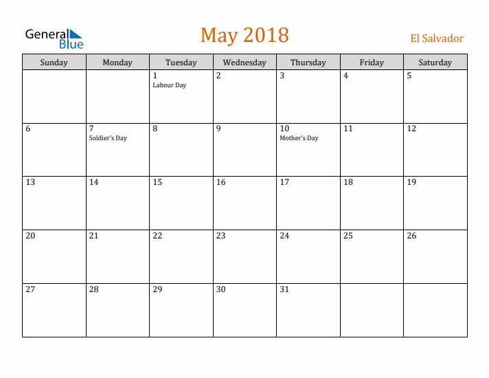 May 2018 Holiday Calendar with Sunday Start