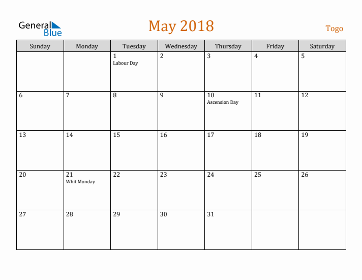 May 2018 Holiday Calendar with Sunday Start