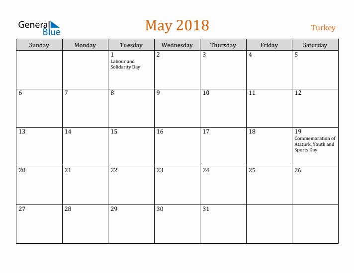 May 2018 Holiday Calendar with Sunday Start