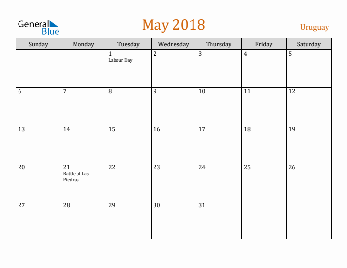 May 2018 Holiday Calendar with Sunday Start