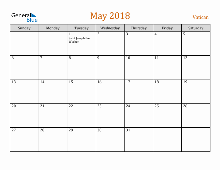 May 2018 Holiday Calendar with Sunday Start