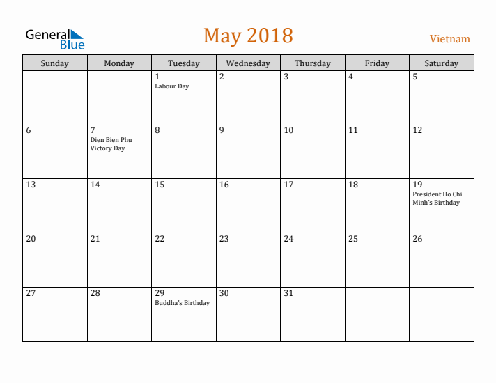 May 2018 Holiday Calendar with Sunday Start