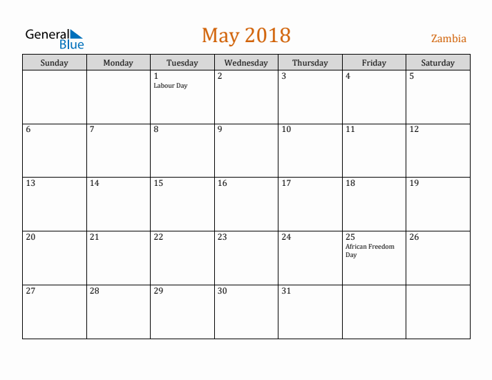 May 2018 Holiday Calendar with Sunday Start