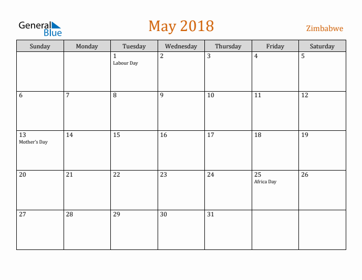 May 2018 Holiday Calendar with Sunday Start