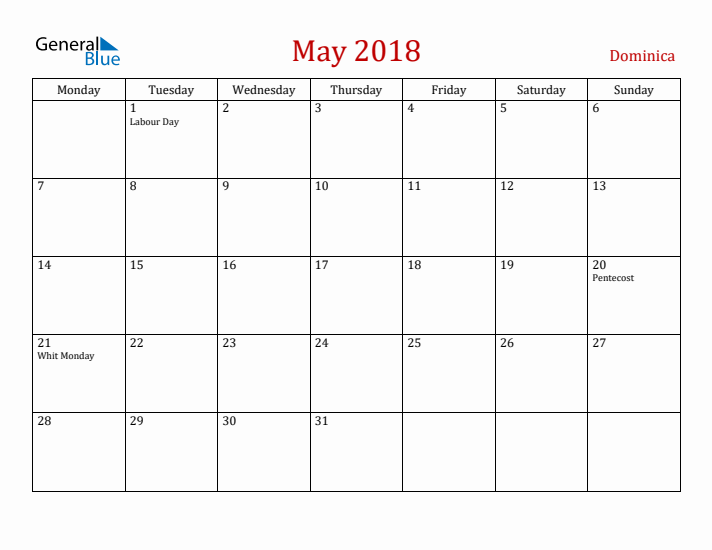 Dominica May 2018 Calendar - Monday Start