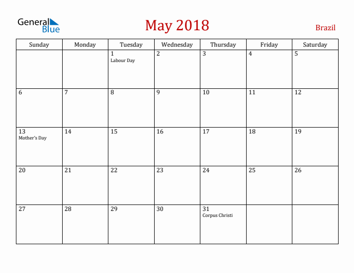 Brazil May 2018 Calendar - Sunday Start