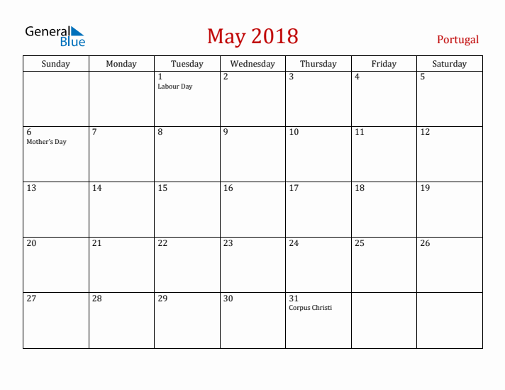 Portugal May 2018 Calendar - Sunday Start