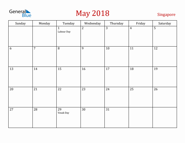 Singapore May 2018 Calendar - Sunday Start