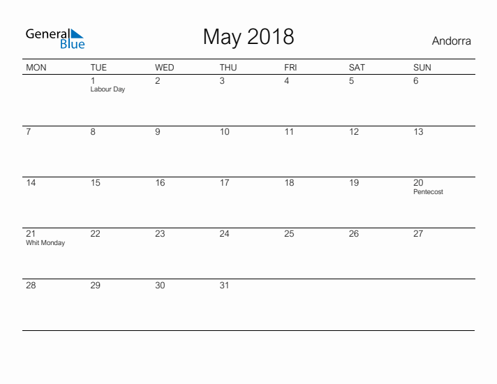 Printable May 2018 Calendar for Andorra