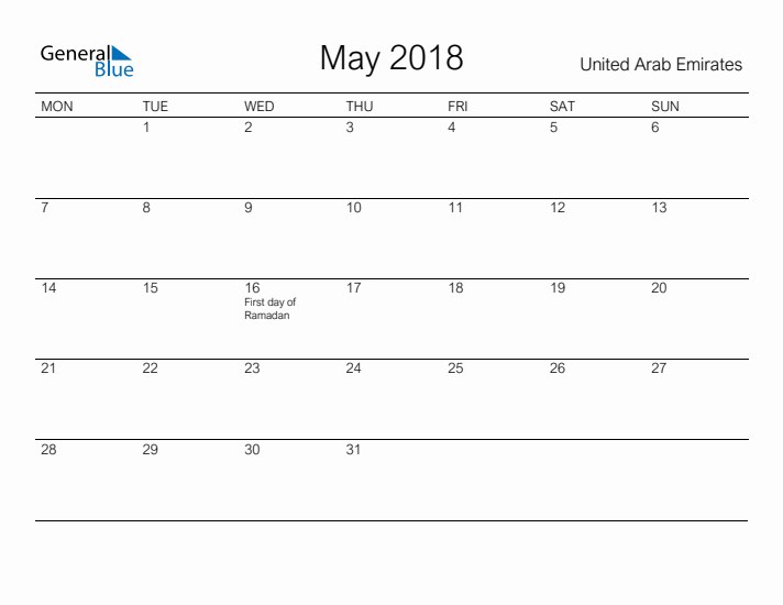 Printable May 2018 Calendar for United Arab Emirates