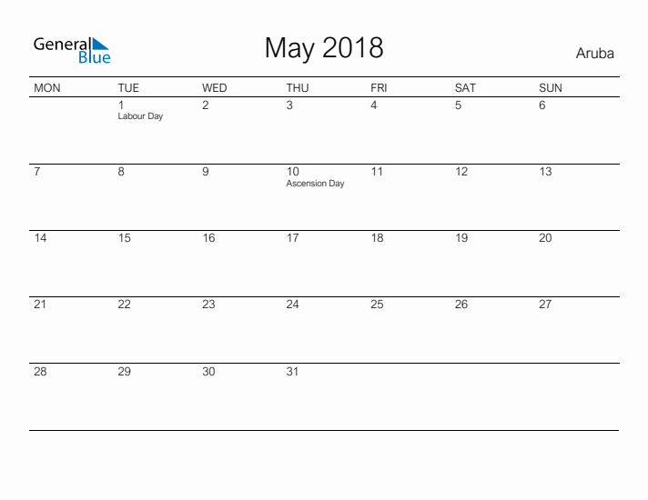 Printable May 2018 Calendar for Aruba