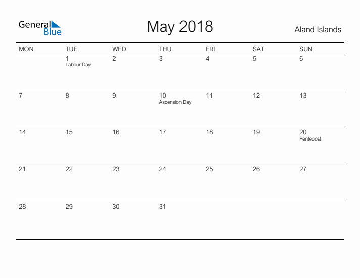 Printable May 2018 Calendar for Aland Islands