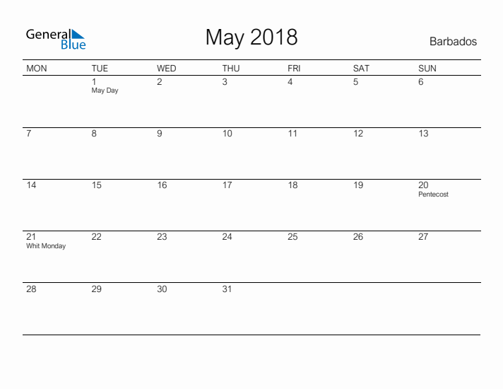 Printable May 2018 Calendar for Barbados