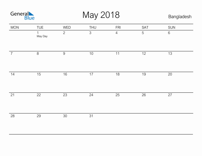 Printable May 2018 Calendar for Bangladesh