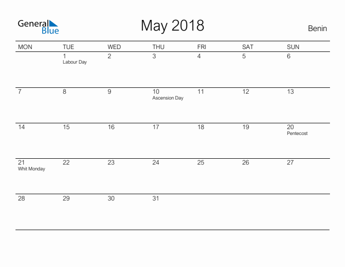 Printable May 2018 Calendar for Benin