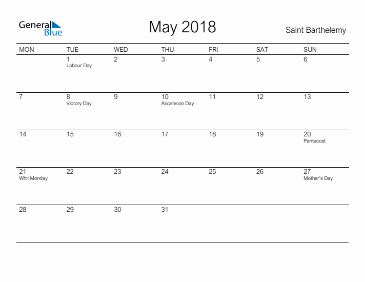 Printable May 2018 Calendar for Saint Barthelemy