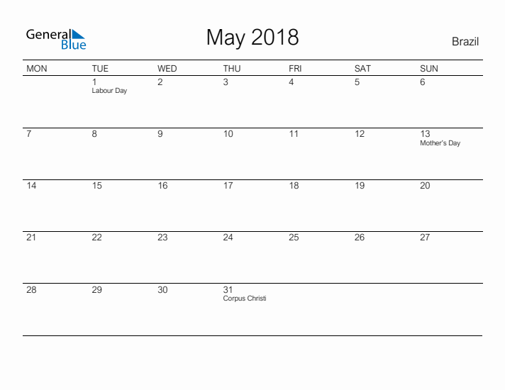 Printable May 2018 Calendar for Brazil