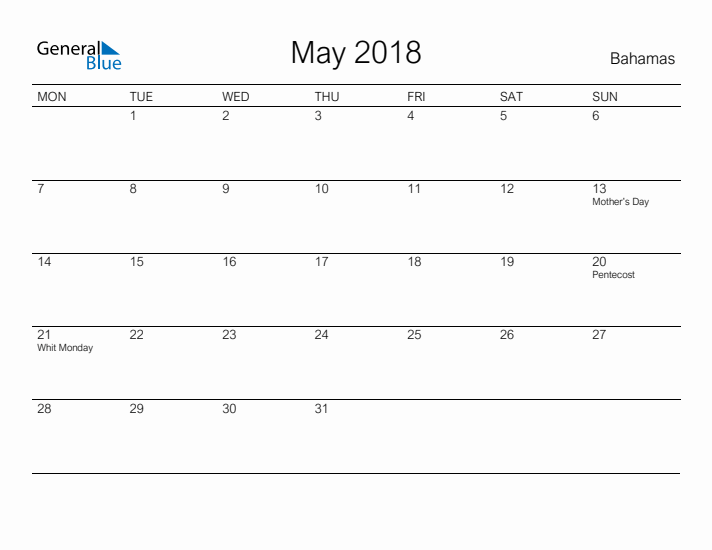 Printable May 2018 Calendar for Bahamas