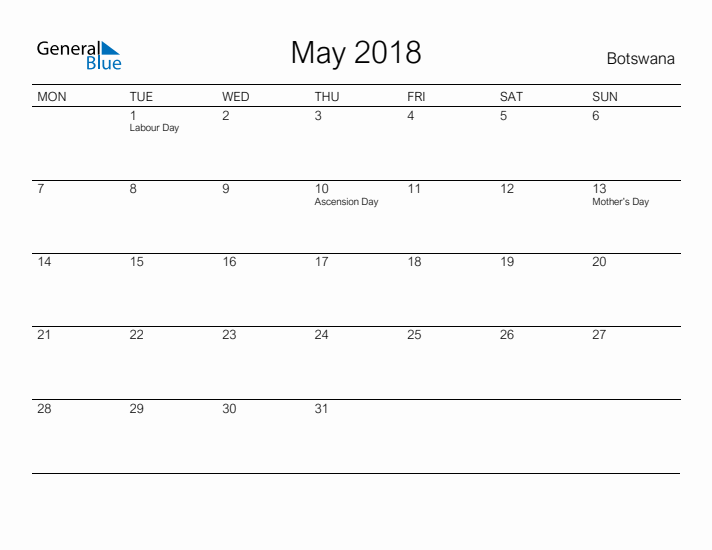 Printable May 2018 Calendar for Botswana