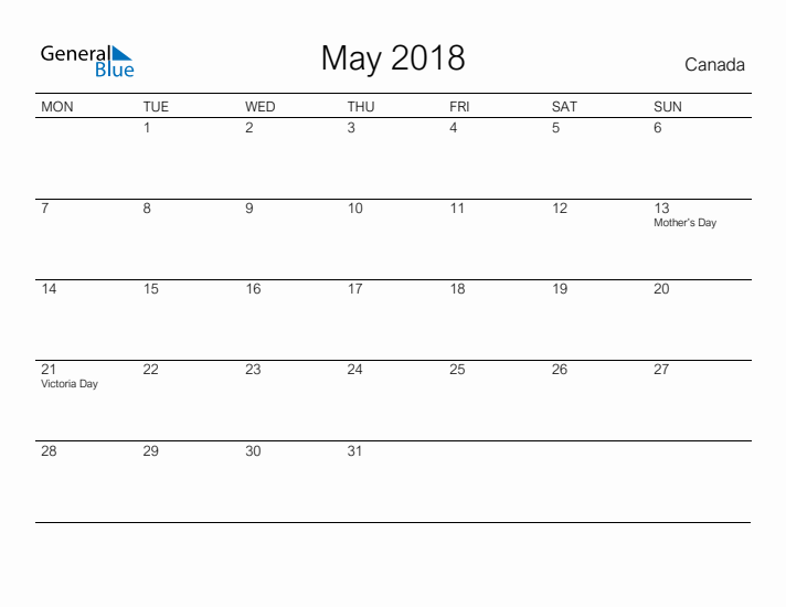 Printable May 2018 Calendar for Canada