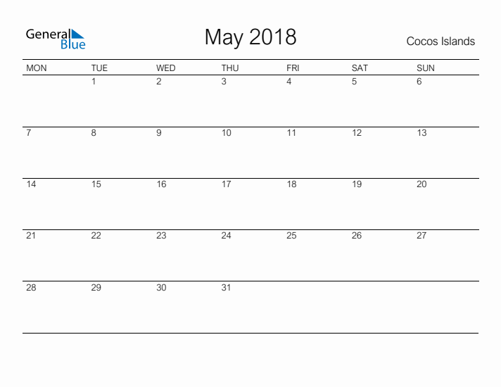 Printable May 2018 Calendar for Cocos Islands