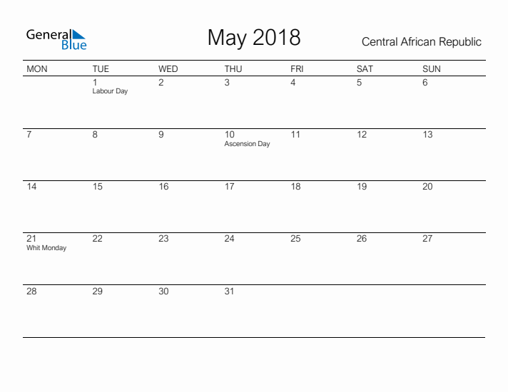 Printable May 2018 Calendar for Central African Republic