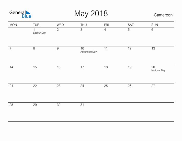 Printable May 2018 Calendar for Cameroon