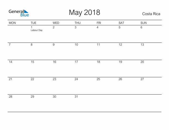 Printable May 2018 Calendar for Costa Rica