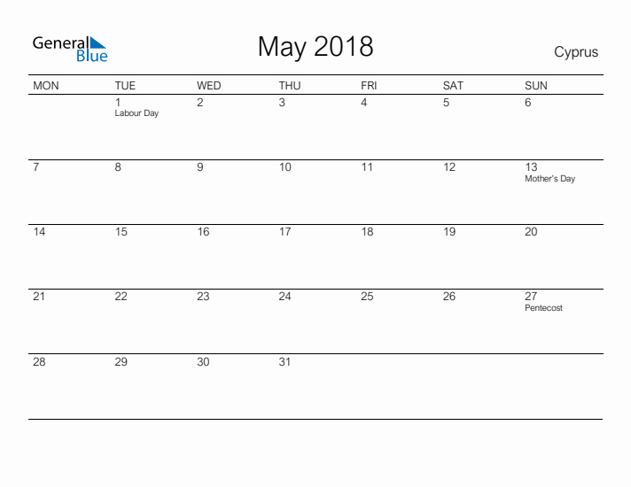 Printable May 2018 Calendar for Cyprus