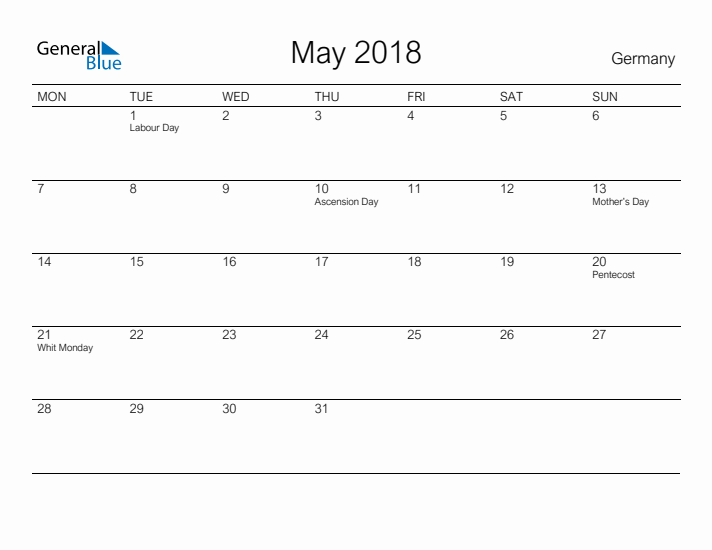 Printable May 2018 Calendar for Germany