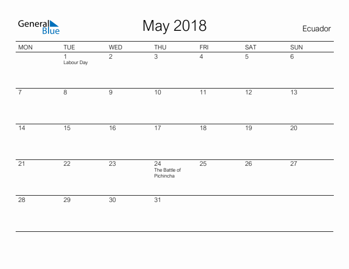 Printable May 2018 Calendar for Ecuador