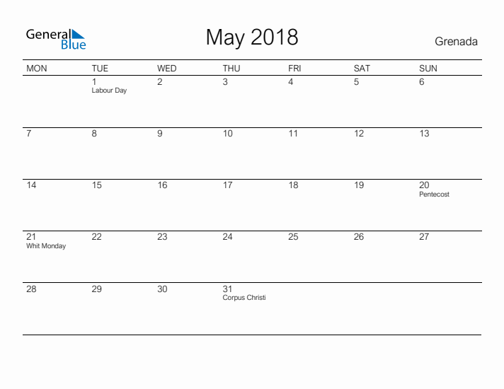 Printable May 2018 Calendar for Grenada