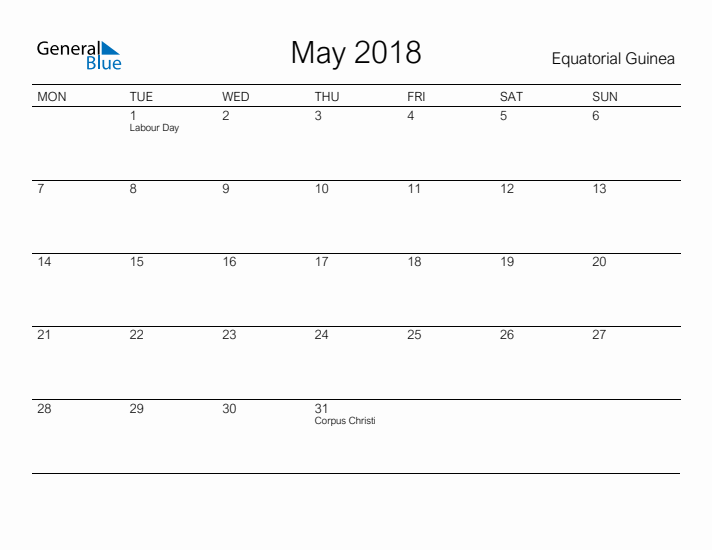 Printable May 2018 Calendar for Equatorial Guinea