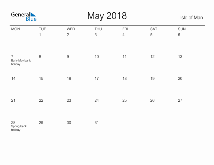 Printable May 2018 Calendar for Isle of Man