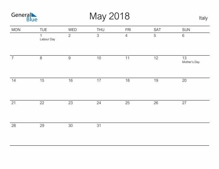 Printable May 2018 Calendar for Italy