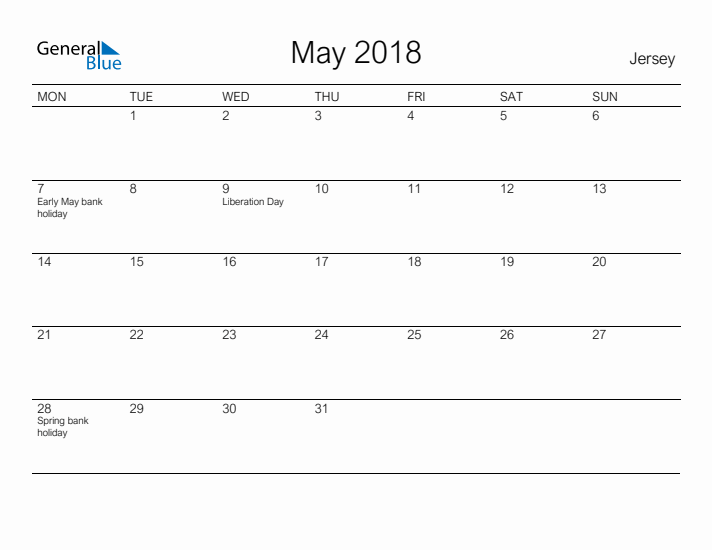 Printable May 2018 Calendar for Jersey