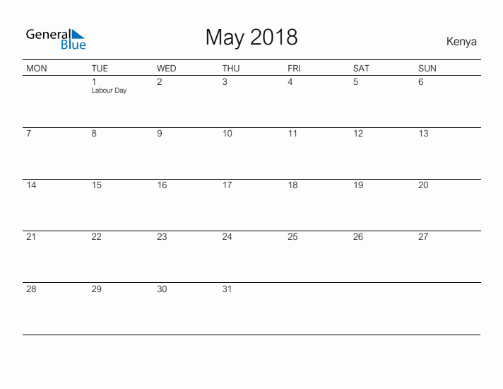 Printable May 2018 Calendar for Kenya