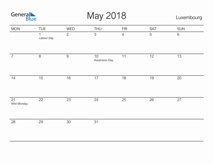 Printable May 2018 Calendar for Luxembourg