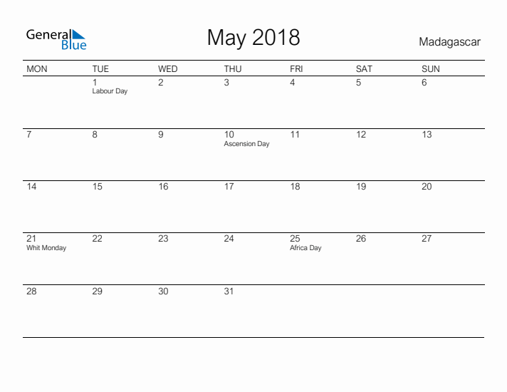 Printable May 2018 Calendar for Madagascar