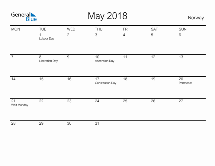 Printable May 2018 Calendar for Norway