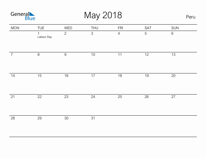 Printable May 2018 Calendar for Peru