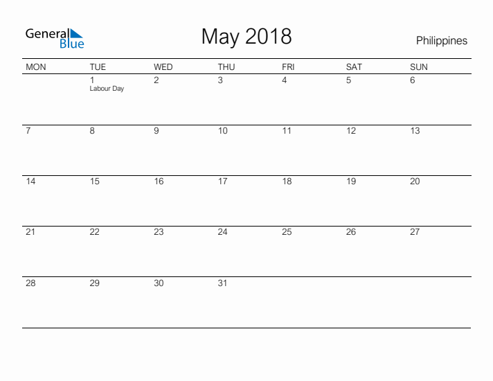 Printable May 2018 Calendar for Philippines