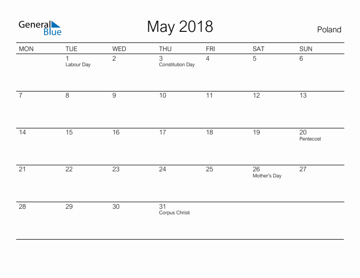 Printable May 2018 Calendar for Poland