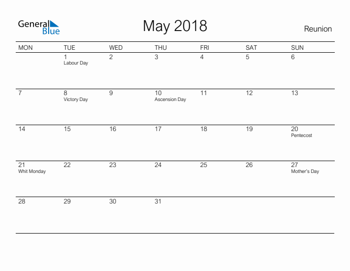 Printable May 2018 Calendar for Reunion